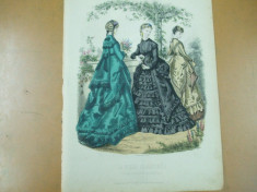 Moda costum rochie umbrela palarie gravura color La mode illustree Paris 1869 foto