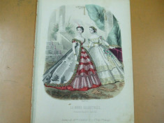 Moda costum rochie gravura color La mode illustree Paris 1866 foto