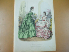 Moda costum rochie evantai gravura color La mode illustree Paris 1869 foto