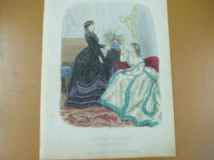 Moda costum rochie palarie evantai gravura color La mode illustree Paris 1868 foto