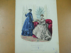 Moda costum rochie palarie gravura color La mode illustree Paris 1868 foto