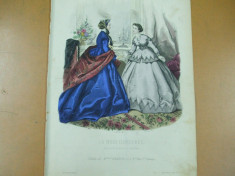 Moda costum rochie gravura color La mode illustree Paris 1865 foto