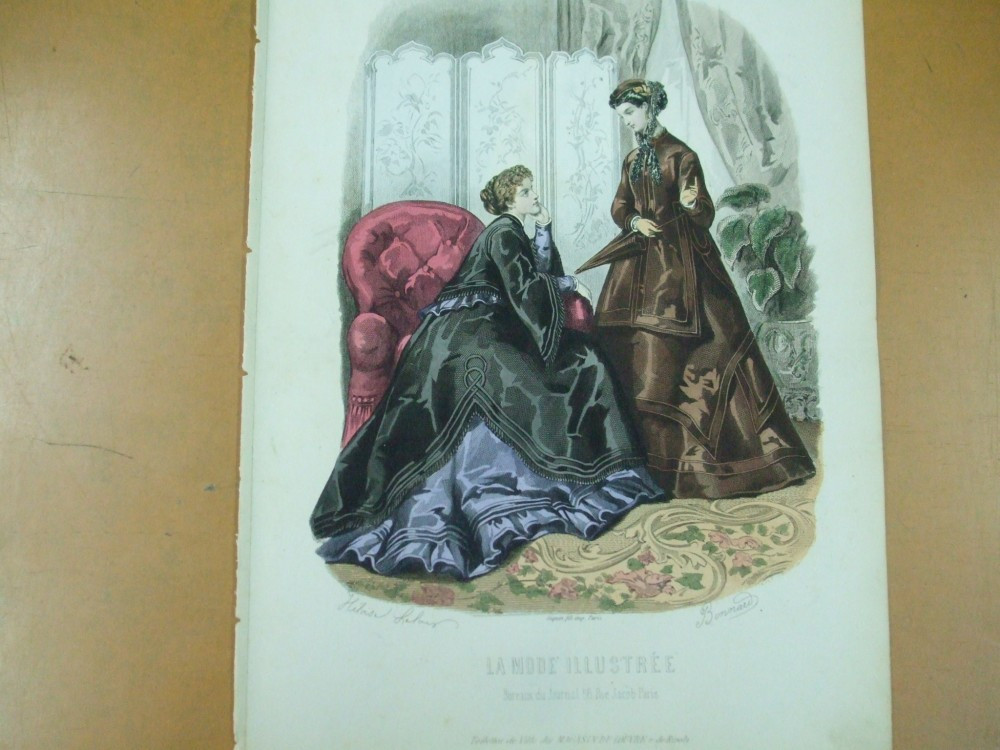 Moda costum rochie palarie umbrela gravura color La mode illustree Paris  1867 | Okazii.ro