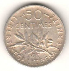 SV * 50 CENTIMES 1917 Franta , 2.5 grame ARGINT .900 foto