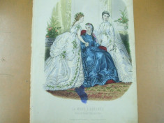 Moda costum rochie mireasa voal gravura color La mode illustree Paris 1869 foto