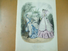 Moda costum rochie palarie evantai umbrela gravura color La mode illustree Paris 1868 foto