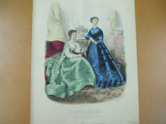 Moda costum rochie evantai gravura color La mode illustree Paris 1867 foto