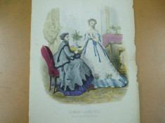 Moda costum rochie palarie gravura color La mode illustree Paris 1867 foto