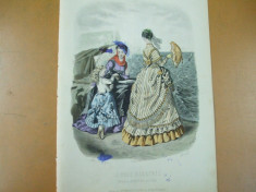 Moda costum rochie umbrela copil gravura color La mode illustree Paris 1868 foto