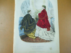 Moda costum rochie evantai gravura color La mode illustree Paris 1869 foto