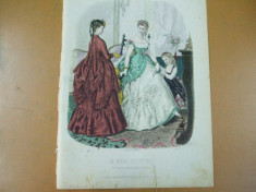 Moda costum rochie palarie evantai copil gravura color La mode illustree Paris 1869 foto
