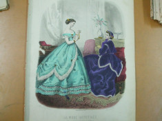 Moda costum rochie palarie gravura color La mode illustree Paris 1866 foto