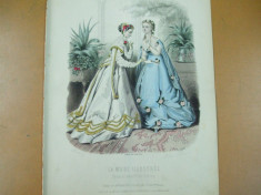 Moda costum rochie evantai gravura color La mode illustree Paris 1867 foto