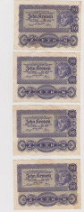 Lot 4 bancnote Austro-Ungaria 10 coroane, koroane, krona - Wien 1922 - serii consecutive foto