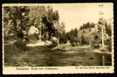 1933 Drum spre Scarisoara, cp ilustrata circulata Abrud Bucuresti, stampila tren foto