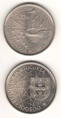 SV * Portugalia 100 ESCUDOS 1989 * Descoperirea Insulelor Azore 550 Ani * AUNC+ foto