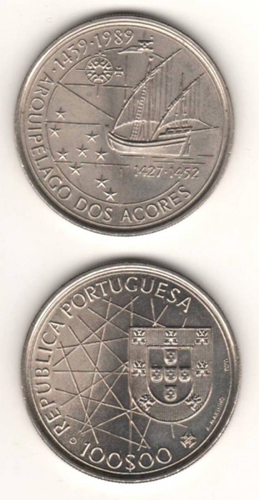 SV * Portugalia 100 ESCUDOS 1989 * Descoperirea Insulelor Azore 550 Ani * AUNC+