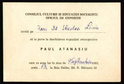 1983 Invitatie Expozitia pictura Paul Atanasiu Sala Dalles, arta in Epoca de Aur foto