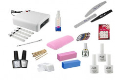 Kit Oja semipermanenta Miley, 3 culori la Alegere, Base Coat si Topcoat, Lampa 36W, Elemente Decorative, Ustensile si CADOU Suport Mana foto