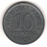 SV * Germania 10 PFENNIG 1921 * AUNC + luciu monetar, Europa, Zinc