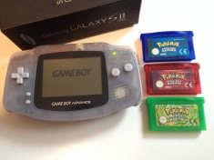 Consola joc Nintendo Game Boy Advance cu jocuri casete Pokemon Sapphire Zaffiro Ruby Rubino si caseta Green Leaf Verde foglia original gameboy foto