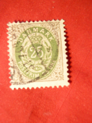 Timbru 25 ore 1875 Danemarca verde si gri , stamp. ,dant. 12 1/2 foto