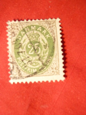 Timbru 25 ore 1875 Danemarca verde si gri , stamp. ,dant. 12 1/2 foto