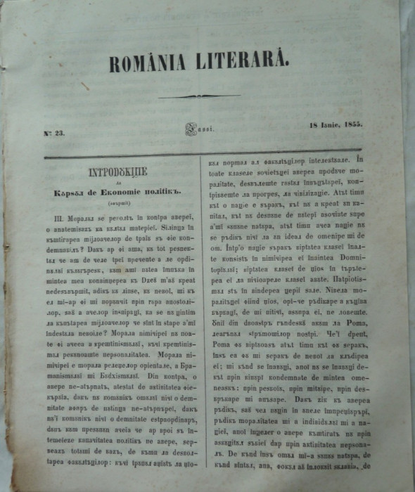 Revista Romania literara ; Director Vasile Alecsandri , nr. 23 , 1855