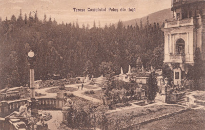 CARTE POSTALA SINAIA Terasa Castelului Peles din fata Circulata 1924 foto