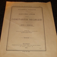 Iacob Negruzzi - Inceputurile literare ale lui Constantin Negruzzi - 12 pag - Ed . Carol Gobl 1909