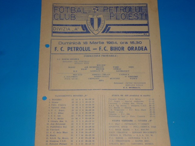 Program meci fotbal PETROLUL Ploiesti - FC BIHOR Oradea 16.03.1984