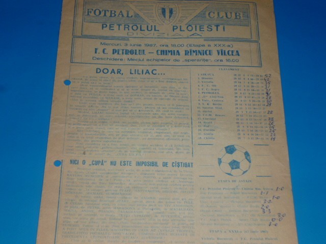 Program meci fotbal PETROLUL Ploiesti - CHIMIA Ramnicu Valcea 03.06.1987