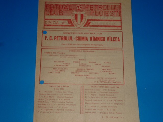 Program meci fotbal PETROLUL Ploiesti - CHIMIA Ramnicu Valcea 02.05.1984