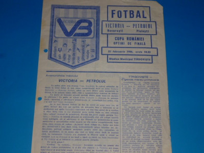 Program meci fotbal VICTORIA Bucuresti - PETROLUL Ploiesti 23.02.1986 Cupa Romaniei foto