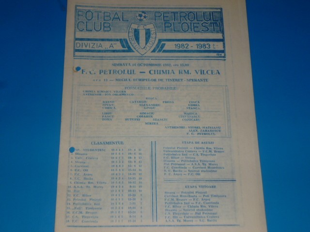 Program meci fotbal PETROLUL Ploiesti - CHIMIA Ramnicu Valcea 16.10.1982