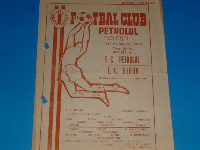 Program meci fotbal PETROLUL Ploiesti - FC BIHOR Oradea 16.03.1978