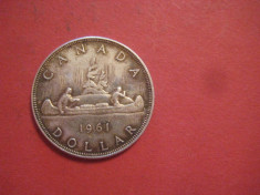 MONEDE CANADA - ONE DOLLAR 1961 - ARGINT - ORIGINALA - 23.35 GR foto
