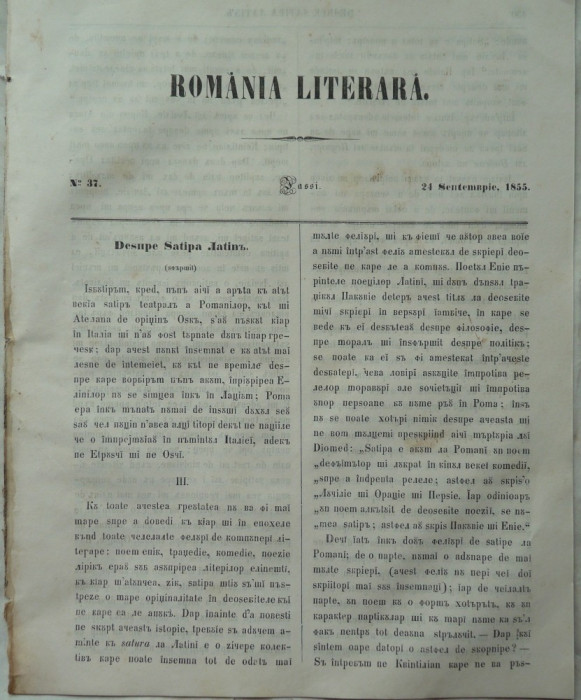 Revista Romania literara ; Director Vasile Alecsandri , nr.37 , Iasi , 1855