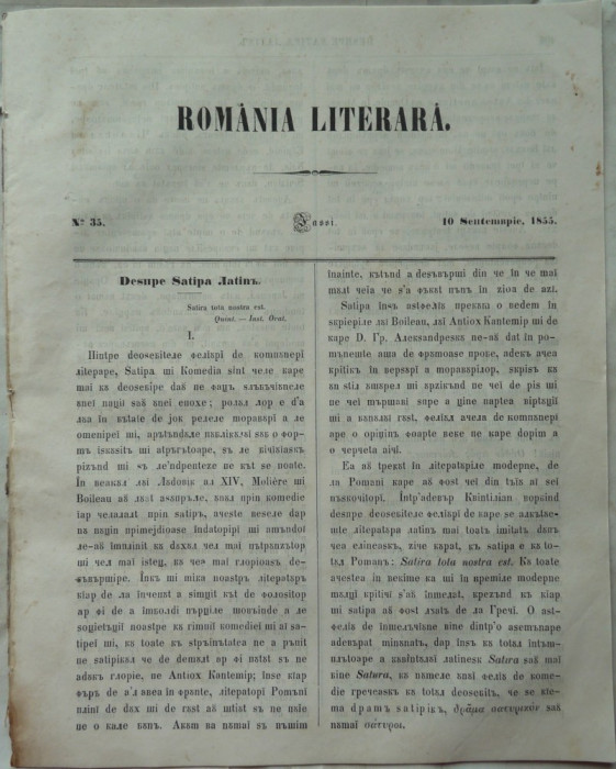 Revista Romania literara ; Director Vasile Alecsandri , nr.35 , Iasi , 1855