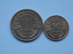 LOT 2 MONEDE FRANTA -1 FRANC, 50 CENTIMES - XF foto