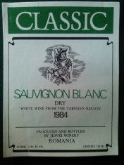 ETICHETA VIN ROMANESC PENTRU EXPORT CLASSIC SAUVIGNON BLANC (DRY) 1984 foto