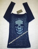 Tricou Damă Bleumarin Cap de Mort Cristale Swarovski M&acirc;necă Lungă Bluza Maleta Skull Craniu