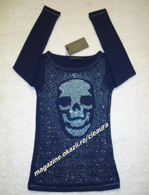 TRICOU BLEUMARIN DAMA CAP DE MORT CRANIU CRISTALE BLUZA MALETA MANECA LUNGA foto