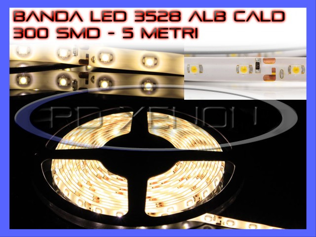 ROLA BANDA 300 LED - LEDURI SMD 3528 ALB CALD 3000K (ALBA, ALBE) - 5 METRI, IMPERMEABILA (WATERPROOF), FLEXIBILA