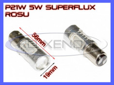 BEC AUTO LED LEDURI P21W 5W (BAY15D) - DUBLU FILAMENT - SUPERFLUX - STOP, POZITIE, CEATA, FRANA - CULOARE ROSU foto