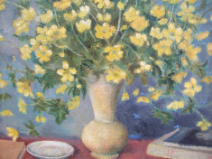 Mihaela Pastia, compozitie cu flori si carti, tablou ulei pe panza foto