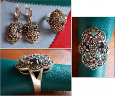 Set argint cu marcasite, smarald, rubin si safir - INEL + CERCEI foto
