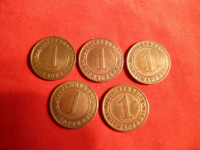 Set 5 monede 1 Pf.1929 1932 ,1933 ,1934 ,1936 lit.A ,Germania ,bronz, NC foto
