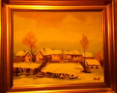 Tablou iarna pictura panza in ulei, 450x350mm inramat, semnat Schnell foto