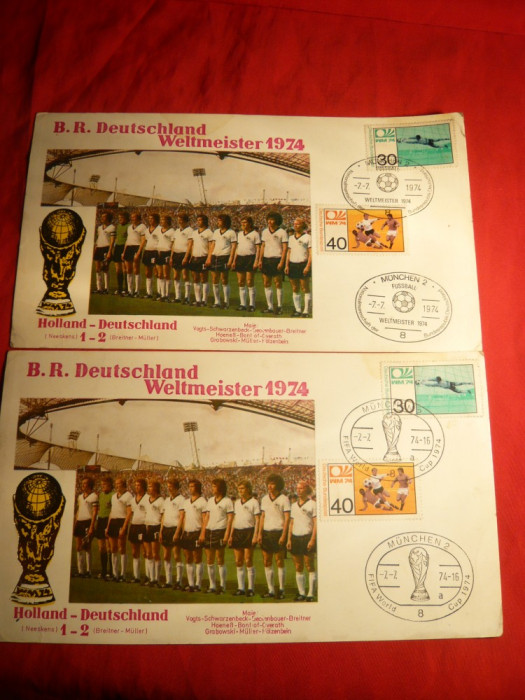 2 Cartoane ilustrate-Campionat Mondial Fotbal 1974 Finala Olanda RFG cu stampila speciala